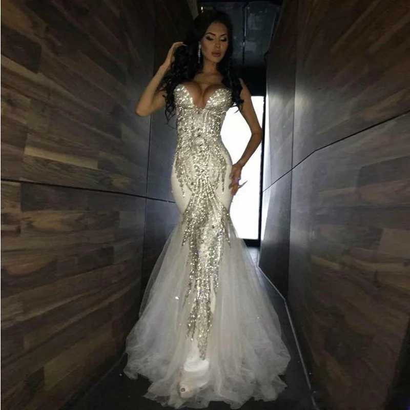 2018 New Luxury Bling Sparkle Prom Dresses Mermaid White Deep V-neck Beaded Crystal Long Tulle Prom Dress Evening Gowns239