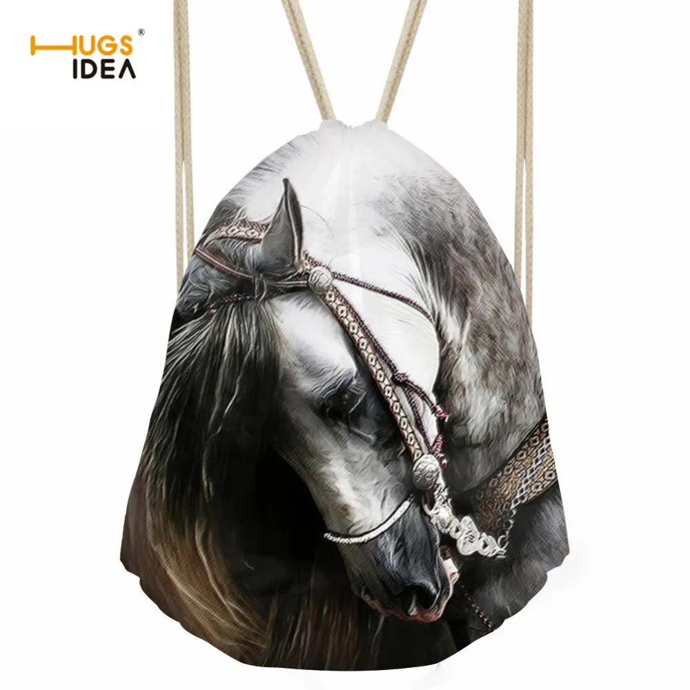

HUGSIDEA Fashion Men Women Storage Bags Crazy Horse 3D Print Drawstring Bag Softback for Ladies Folding Reusable String Backpack