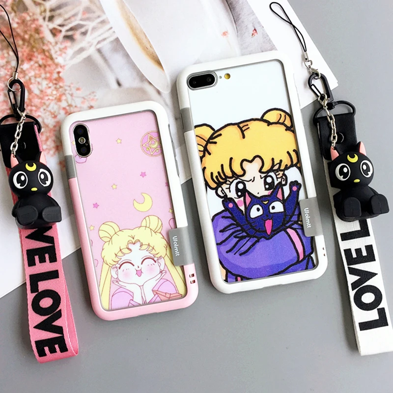 For iPhone 7/8 plus bling sailor moon back & front Tempered Glass Screen film shockproof bumper For iPhone X 6 6s+ cat holder