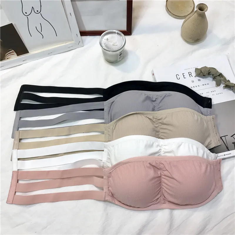

Girls Strapless Bra Women's Stretchy Padded Solid Wrap Tube Top Bandeau Short Tanks Tops With Pads For Female