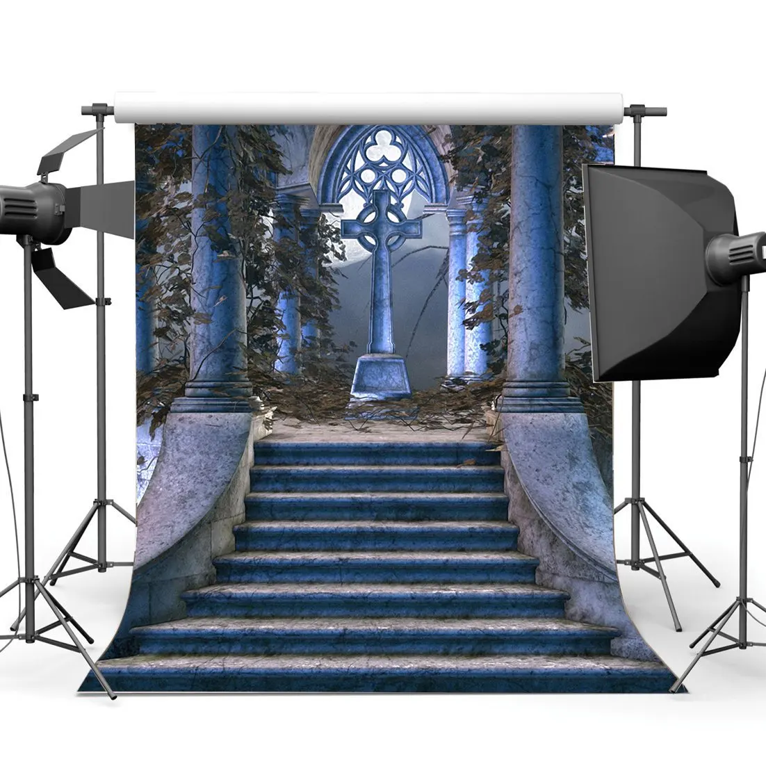 Fairytale Backdrop Ruined Stone Cross Backdrops Green Leaves Vine Pillars Weathered Steps Fantasy Background | Электроника