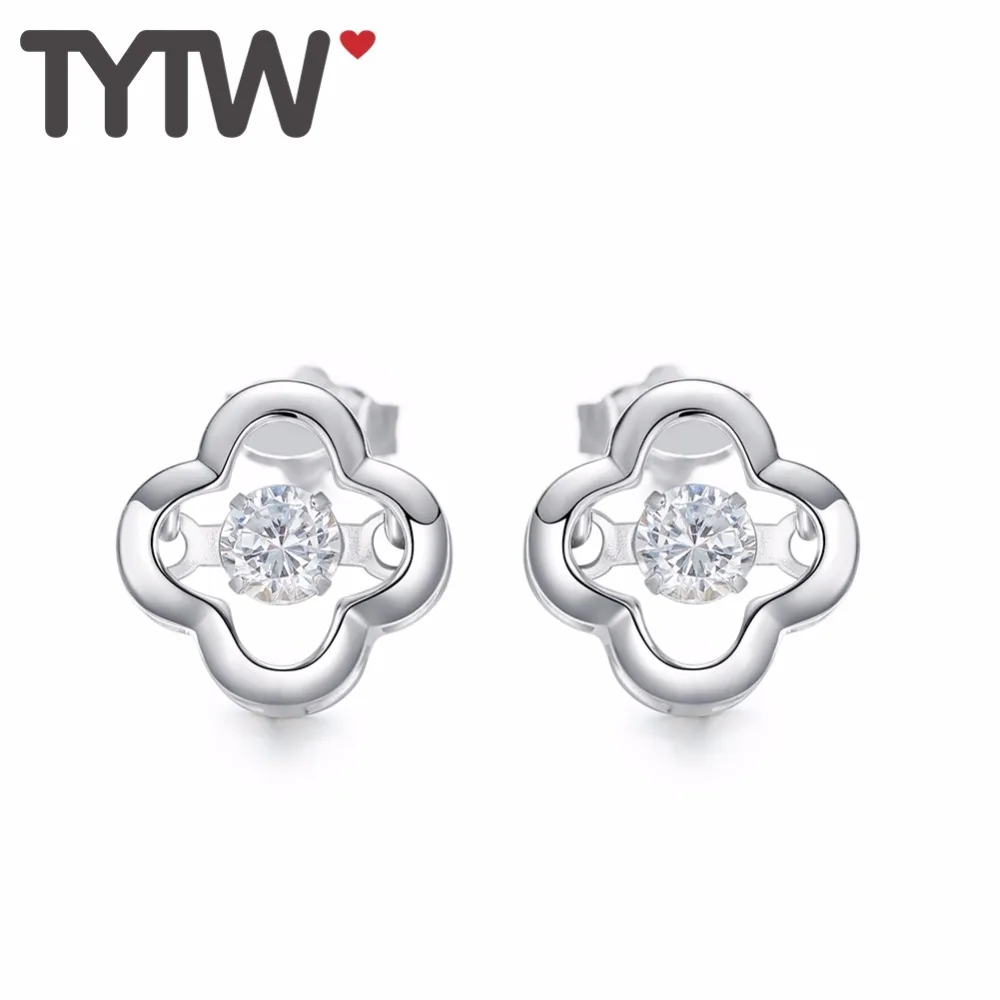 

TYTW INS hot 925 Sterling Silver Shiny Earring for women Zircon leaf Stud Dancing Stone Moving jewelry earrings