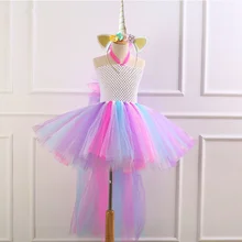 Платье-пачка для девочек с рисунком единорога, с повязкой на голову, Радужное праздничное платье для девочек на день рождения детское платье на Хэллоуин, костюм для детей от 2 до 12 лет