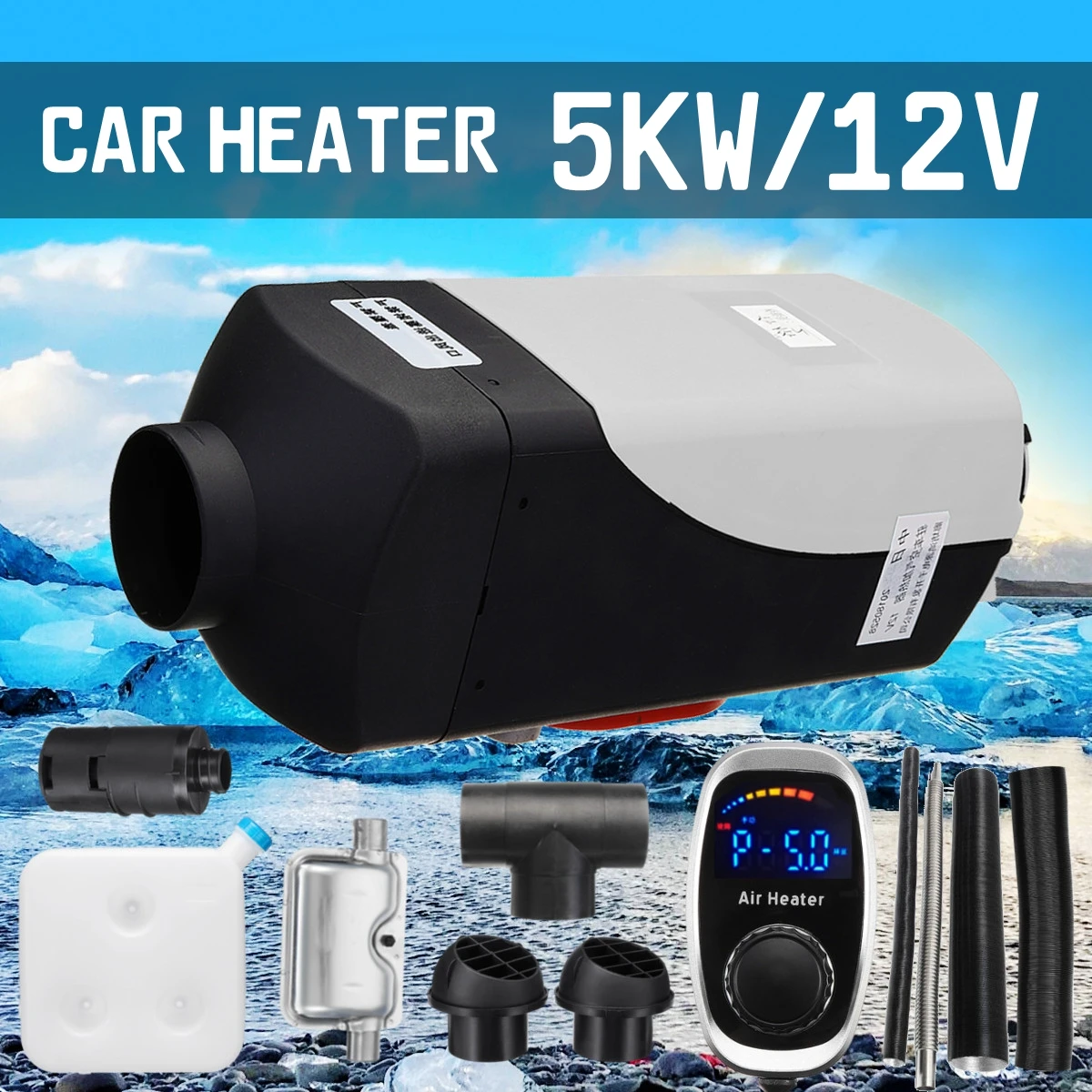 

HCalory 12V 5kw Diesels Air Parking Heater Air Heating LCD Screen Digital knob Switch with Silencer For Trucks Bus Car Trailer