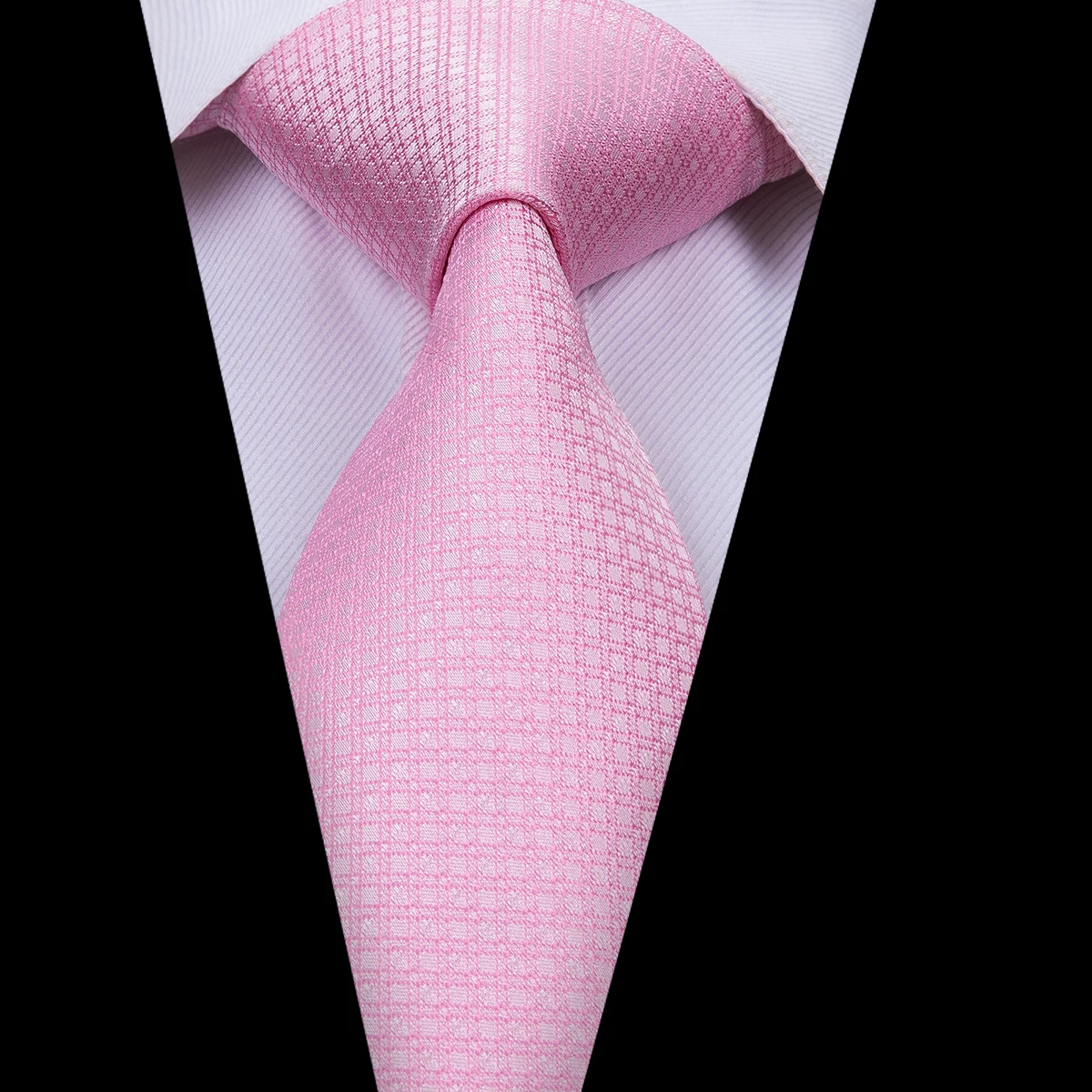 Silk Woven Men Tie Pink Plain Plaid Necktie Cufflink and Pocket Square