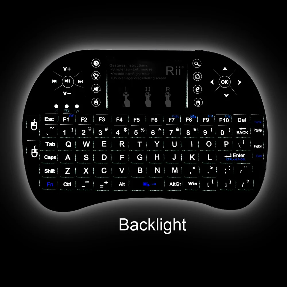 Teclado Inglês sem Fio Rii i8 Mais 2.4ghz Teclado Retroiluminado com Touchpad e Luz de Fundo para Mini pc Smart tv Android tv Box pc