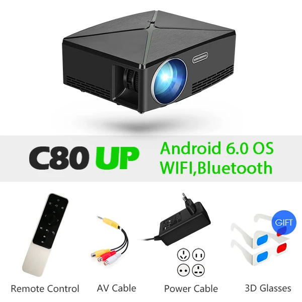 AUN C80 HD мини-проектор, 1280x720 P, видео проектор, 3D проектор. Поддержка 1080 P, HD-IN, USB,(опционально C80 до Android версии WiFi - Цвет: C80UP