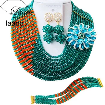 

Laanc Army Green and Orange Nigerian Wedding African Jewelry Beads Necklace and Earrings C10JK045