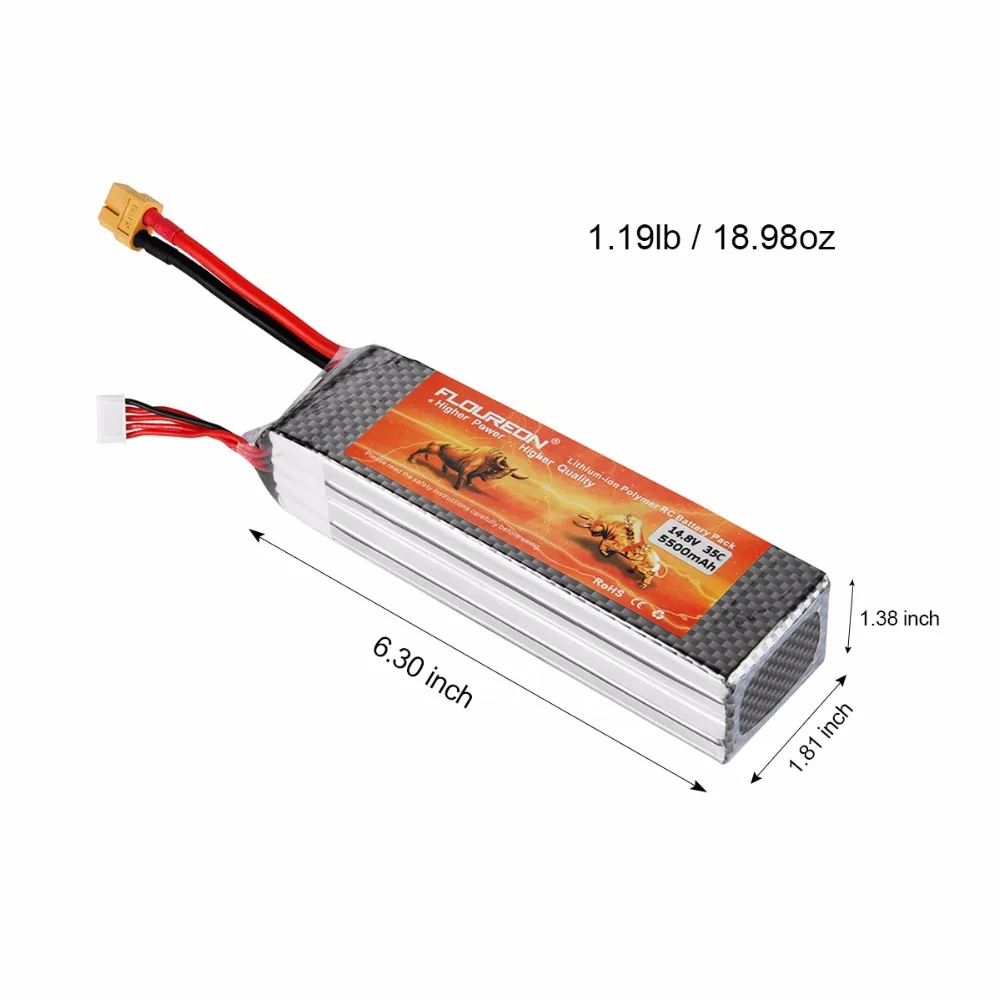 Floureon 4S 14,8 V 35C 5500 mAh литий-полимерный, Радиоуправляемый Перезаряжаемые Батарея XT60 для Радиоуправляемый вертолет, самолет с радиоуправлением лодка для любителей вертолетов