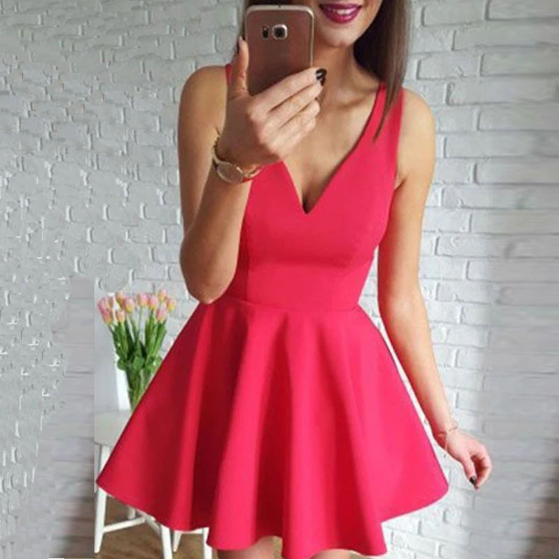 Короткие платья для выпускного вечера для девочек с v-образным вырезом, красное атласное платье с открытой спиной, популярное детское платье трапециевидной формы, платье для выпускного вечера vestido de formatua