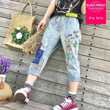 Лето г. для женщин Корейская версия Вышивка Лоскутное дикий отверстие джинсовые повседневные шаровары женские свободные штаны L470
