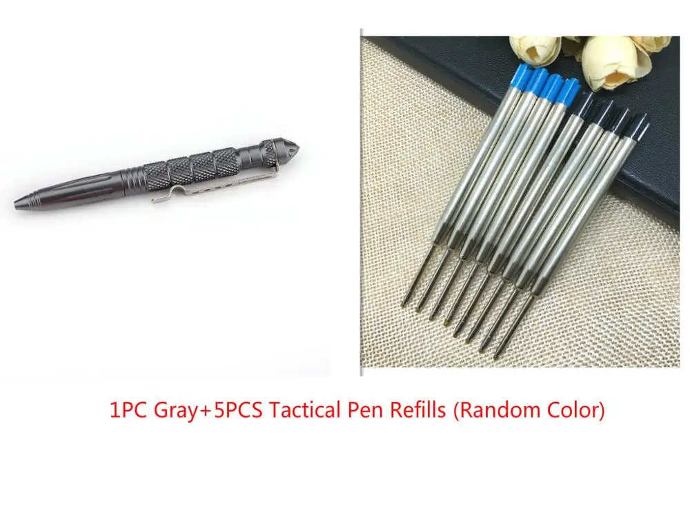 Высококачественная Защитная персональная тактическая ручка+ 5 шт сменная ручка для самозащиты многоцелевой авиационный алюминиевый Противоскользящий портативный - Цвет: Серый