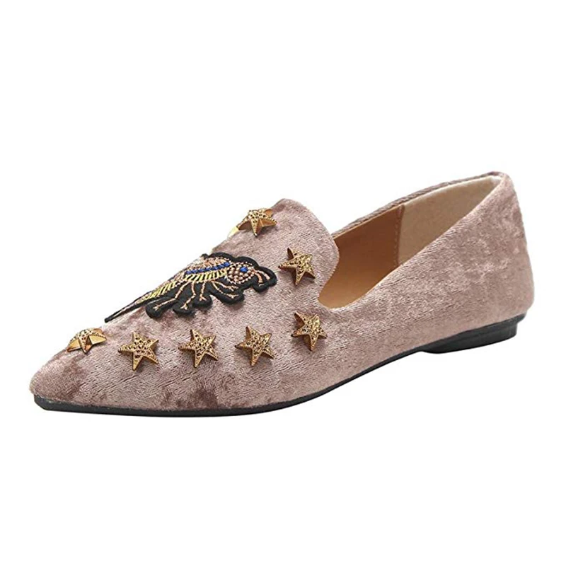 

New Women Flats Suede Loafers Golden Studs Shoes Embroidered Pointy Toe Ballerina Ballet Flat Slip On Shoes Fashion High Quality