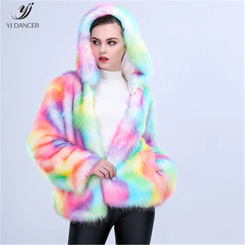 

2018 Fashion Personality New High quality Imitation Fur Ladies Winter Short Hooded Coat Color Fox Fur Thick Warm Fur Coat H0163