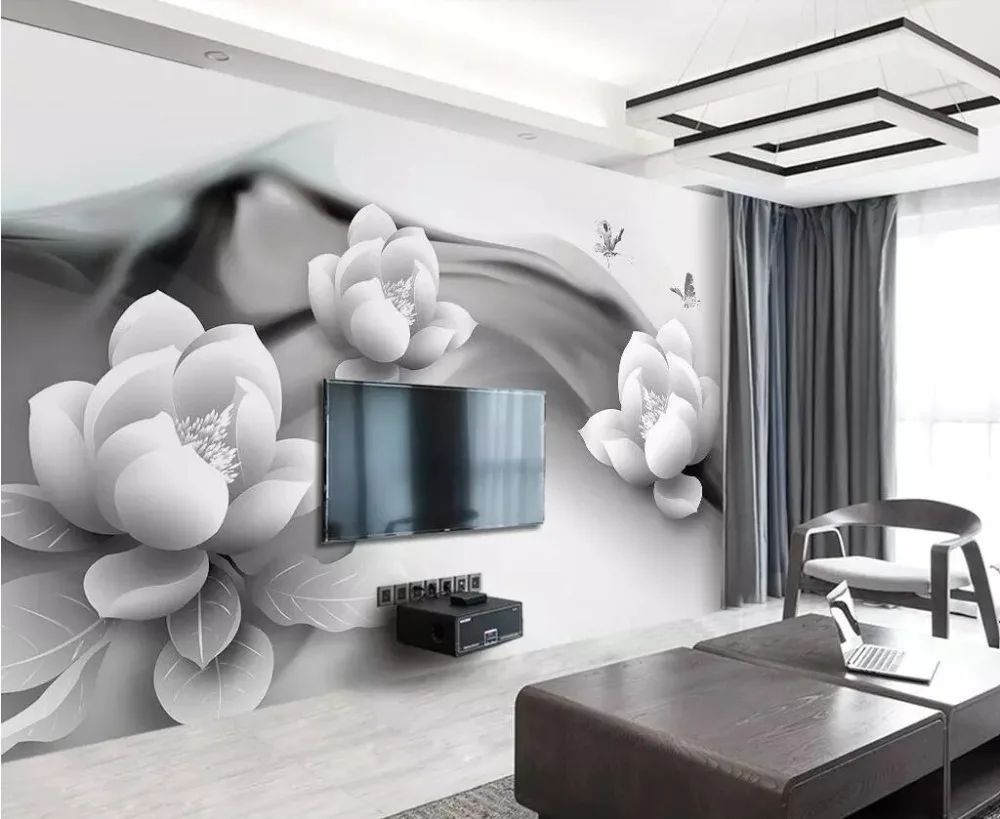 Beibehang Wallpaper mural black and white ink lotus butterfly simple 3d TV background wall paper home decoration 3d wallpaper