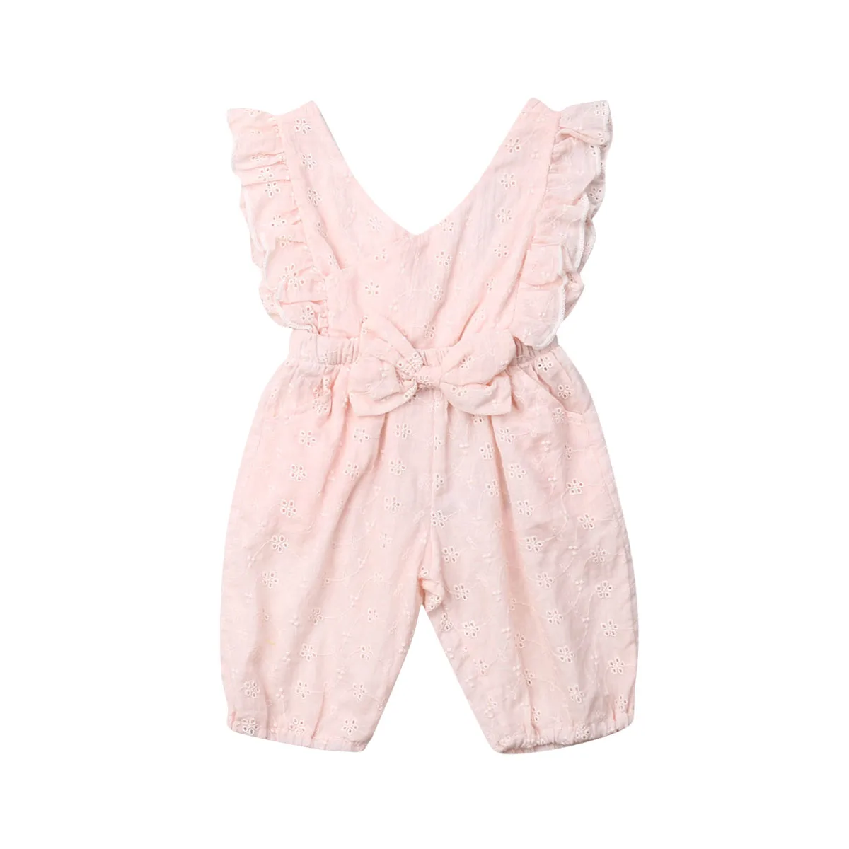 

1-5T Toddler Baby Girl Solid Color Ruffle Bowknot Jumpsuit Overalls Outfits Summer Hollow Romper Kids Girl Summer Cute Clothing