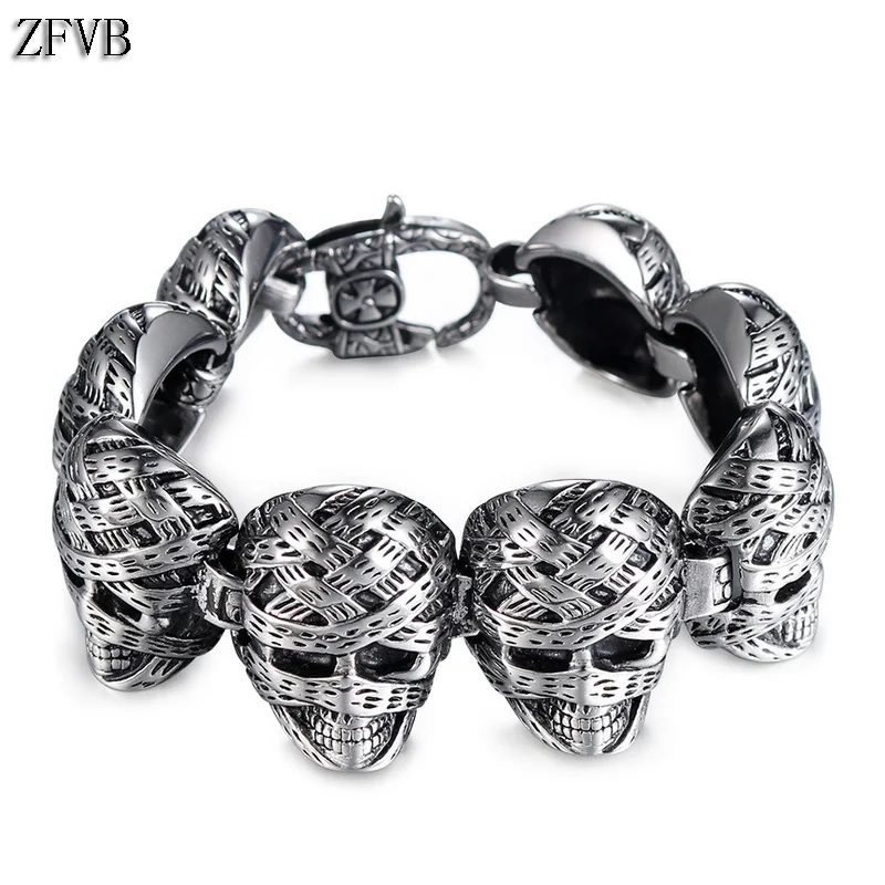

ZFVB Punk Mummy Skull Link Chain Bracelets for Men Superior Quality 316L Stainless Steel Rock Rock Bracelet Halloween Jewelry