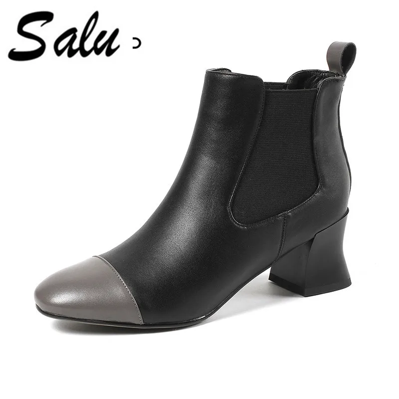 

Salu Women's Fashion genuine leather Ankle Boots square toe Thick Heel Boots Woman Fall Collections Size 34-43