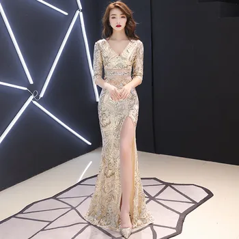 

Woman Formal Party Exquisite Sequins Bling Cheongsam High Split Mermaid Dress Elegant Floor Length V Neck Vestidos Qipao