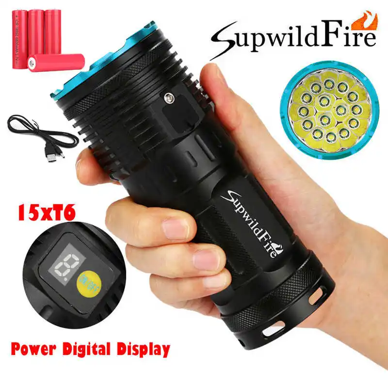 

Supwildfire 50000LM 15 x XM-L T6 LED Power & Mode Digital Display Hunting Flashlight Work light travel lighting flashlight #4A10