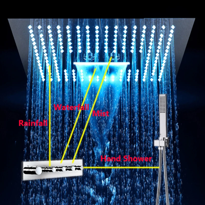 

Thermostatic LED Shower Set 64Color Bathroom Shower Head Rainfall Polished 16 Inch Shower Faucet Waterfall Misty With HandShower