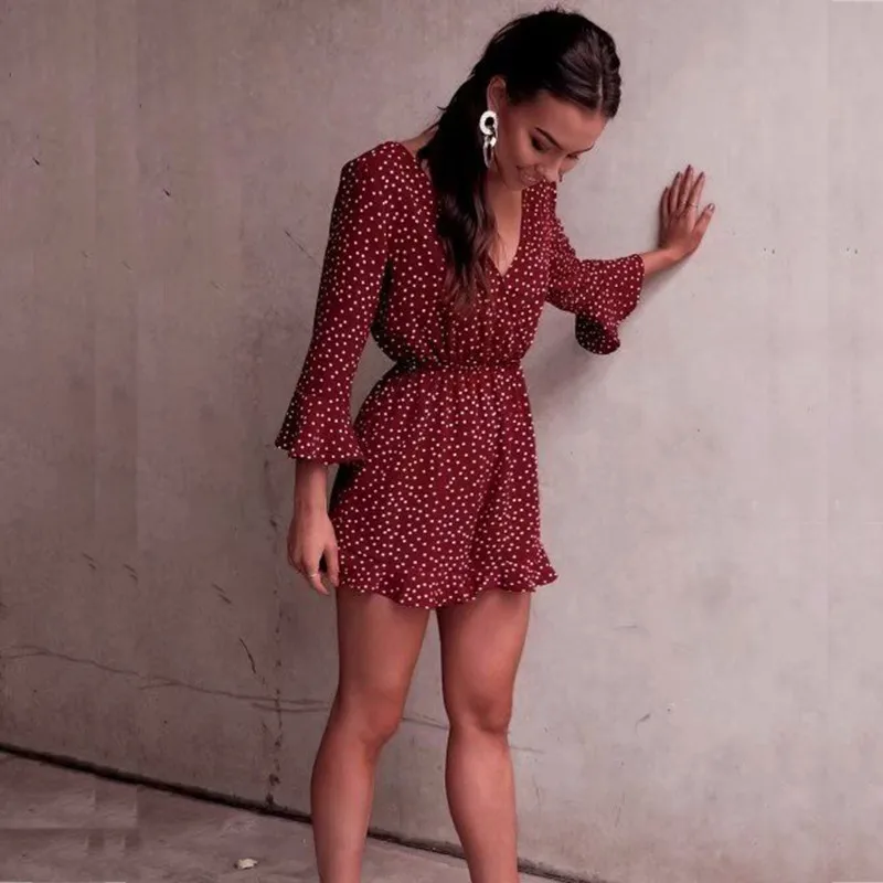 yinlinhe Red Polka Dot Playsuit Women Long Sleeve V neck Sexy Short Jumpsuit Summer Backless Lace Up Bow Boho Elegant Romper 4