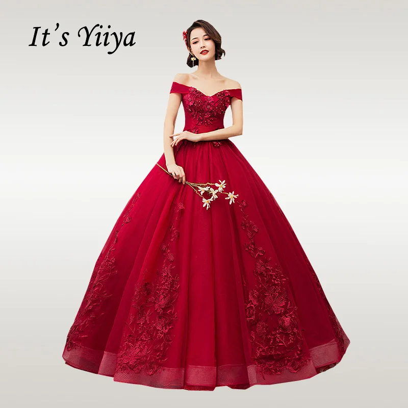 

It's YiiYa Wedding Dress Elegant Boat Neck Burgundy Wedding Dresses Embroidery Party Gowns Floor Length Vestido de novia CH002