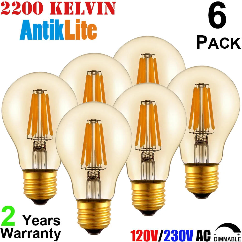 A19 A60 Amber Glass E26 E27 Edison Light Bulb, 220/230 Volts 4W 6W 8W