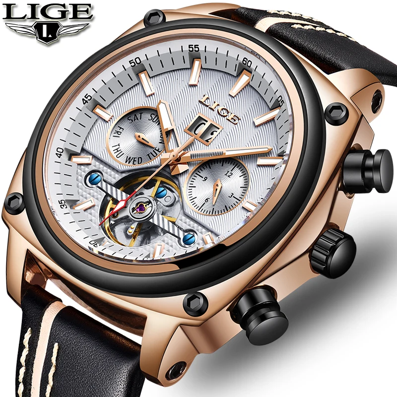 

New LIGE Mens Watches Top Brand Luxury Leather Sport Automatic Watch Large Dial Waterproof Mechanical Watch Relogio Masculino+Bo