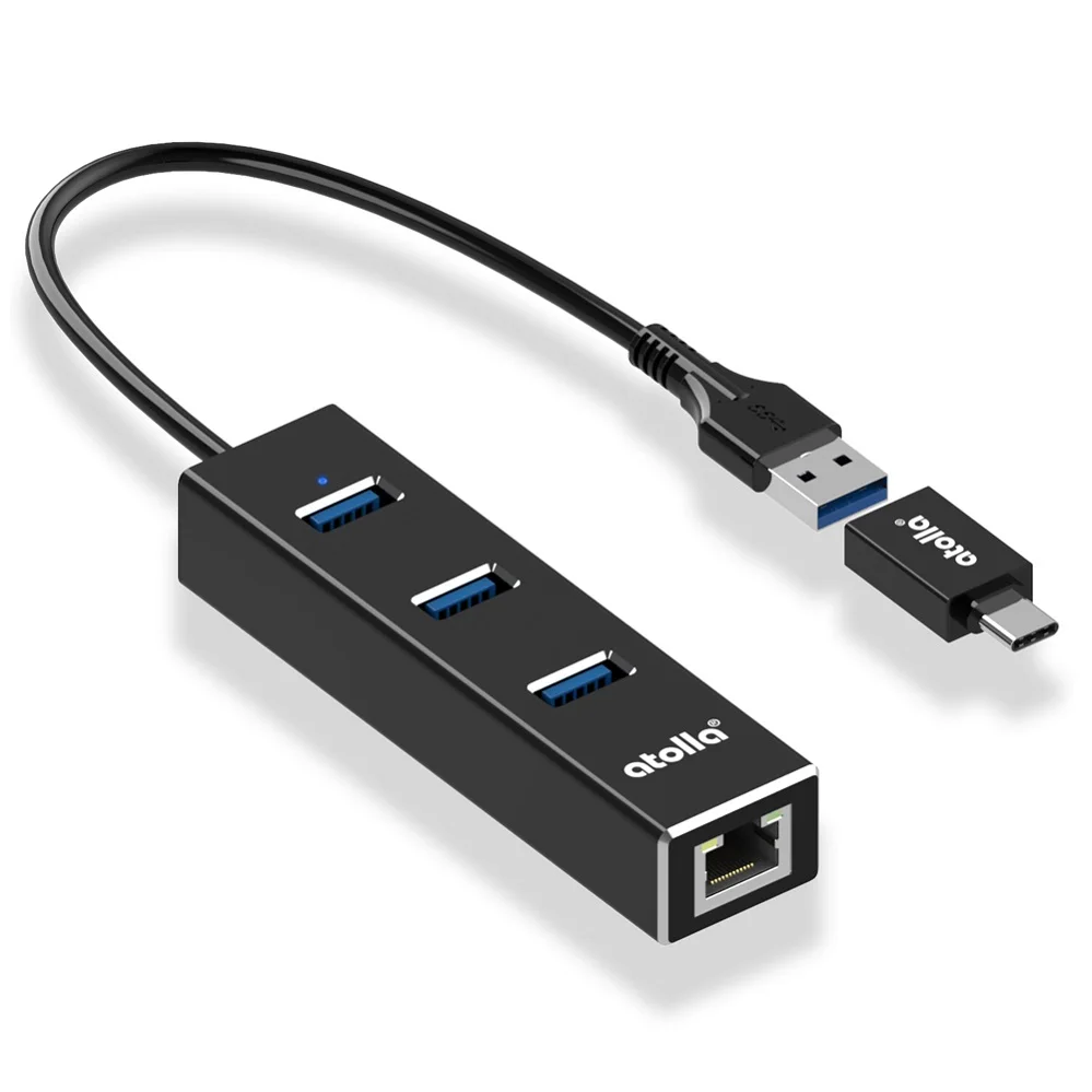 Atolla USB 3,0 Hub Ethernet с USB C сетевой адаптер переменного тока, 3 Порты и разъёмы USB разветвитель Gigabit Ethernet концентратор для Macbook, Mac Pro/mini, iMac - Цвет: Usb hub with adapter