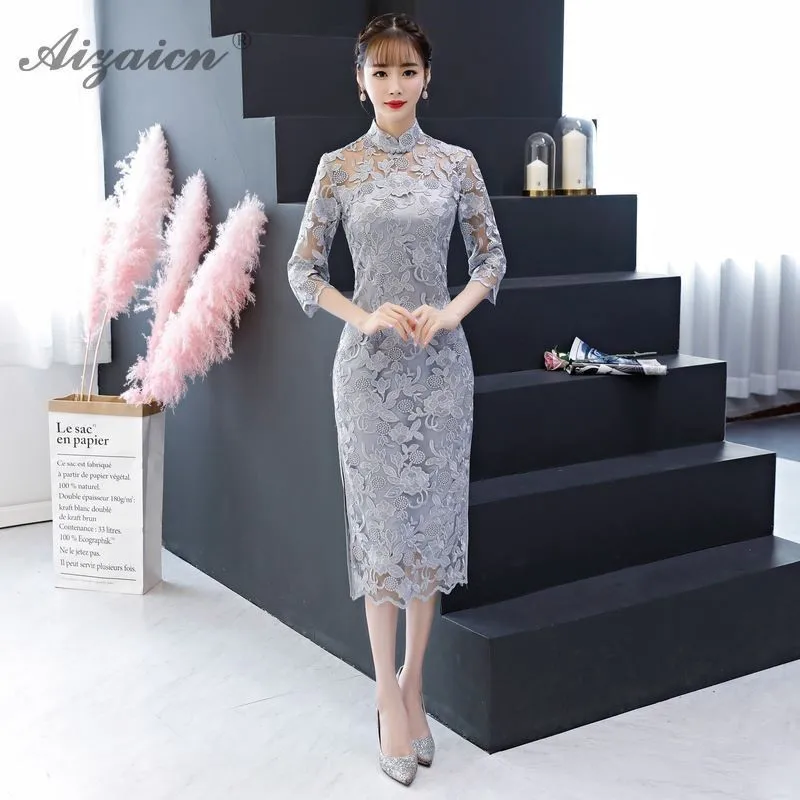 Verano nueva de encaje bordado Cheongsam современный сексуальный Qi Pao bata Восточный las mujeres chino tradicional ropa vestido rosa