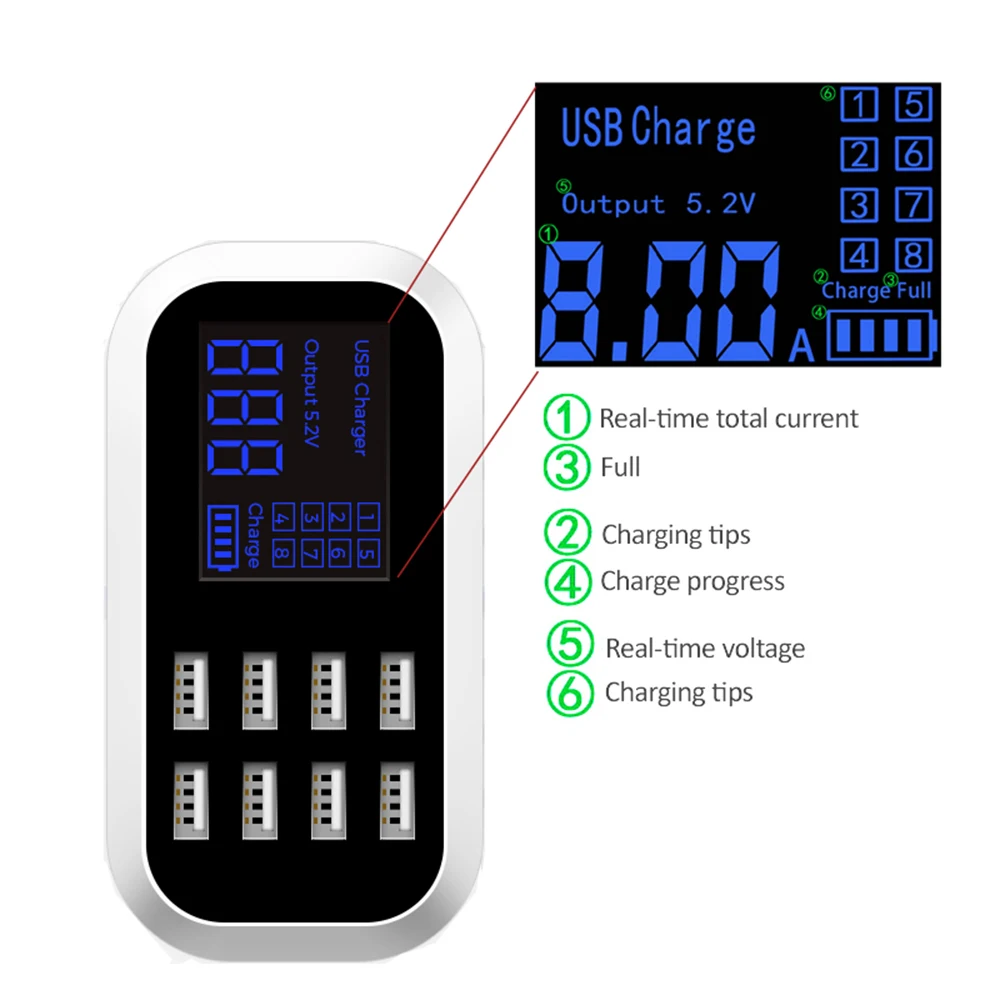 Смарт Мульти USB зарядное устройство 8 портов lcd цифровой дисплей настольный адаптер переменного тока зарядное устройство для телефона для iPhone iPad samsung huawei Nexus htc