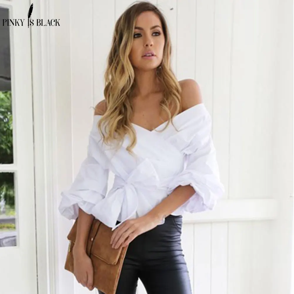 Pinky Is Black Ruched sleeve wrap white blouse shirt Women casual blouse off shoulder Plaid shirt top V neck female blusas bow 2