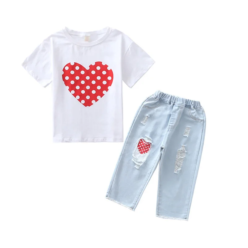 

2019 new girls set Europe and America heart 100% cotton shirt + jeans children's suit wear printed jeans
