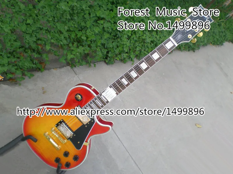 Hot Selling LP Custom Electric Guitars Cherry Sunburst Tiger Flame Finish Body Guitarra Kits Lefty Available Hot Selling LP Custom Electric Guitars Cherry Sunburst Tiger Flame Finish Body Guitarra Kits Lefty Available