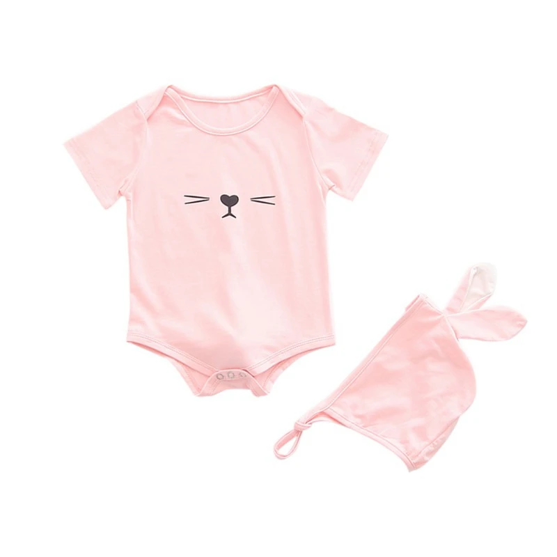 Summer Baby's Set for Boy Girl Cotton Cartoon Pattern Infant Short Sleeve Jumpsuit+Hat Newborn Romper Infants | Детская одежда и