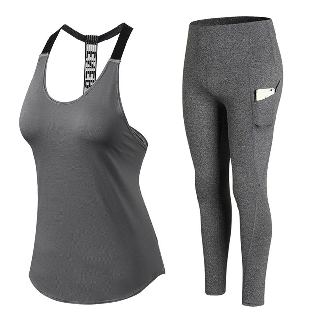 Женский комплект из 2 предметов для йоги, открытая спина, без рукавов, невидимый карман, штаны для йоги, топ, женская футболка, спортивные облегающие леггинсы, брюки - Цвет: Gray 2pcs set