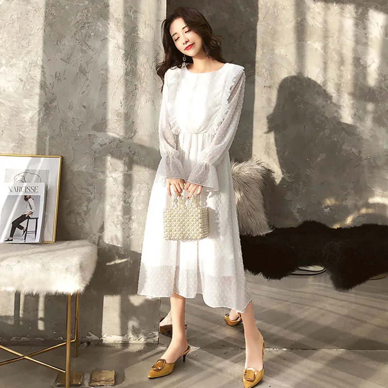 2019 Ruffles Polka Dot Women Chiffon Dress Elastic Waist Flare Sleeve Female Long Vestidos Retro Women Dress 2019 Ruffles Polka Dot Women Chiffon Dress Elastic Waist Flare Sleeve Female Long Vestidos Retro Women Dress