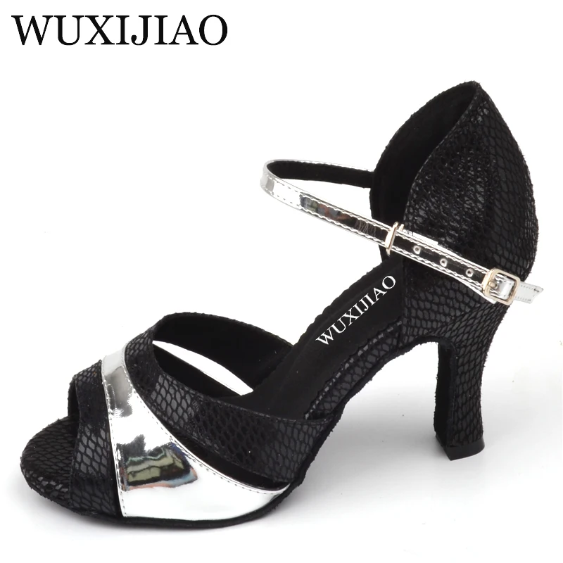 

WUXIJIAO brand Black FLOCK+PU fabrics Women's Latin dance shoes wholesale Spot Salsa Party Square dance shoes High heels 7cm