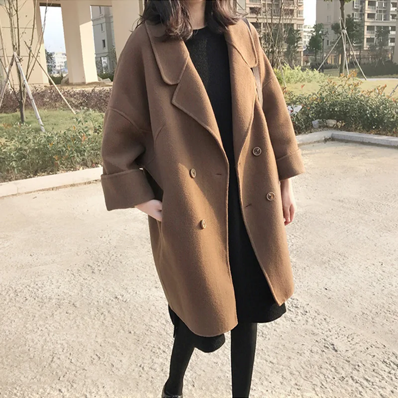 

Office Lady Loose Long Wool Coat Double Breasted Wool Blend Coat and Jacket Turn-down Collar Women Coats Autumn Winter