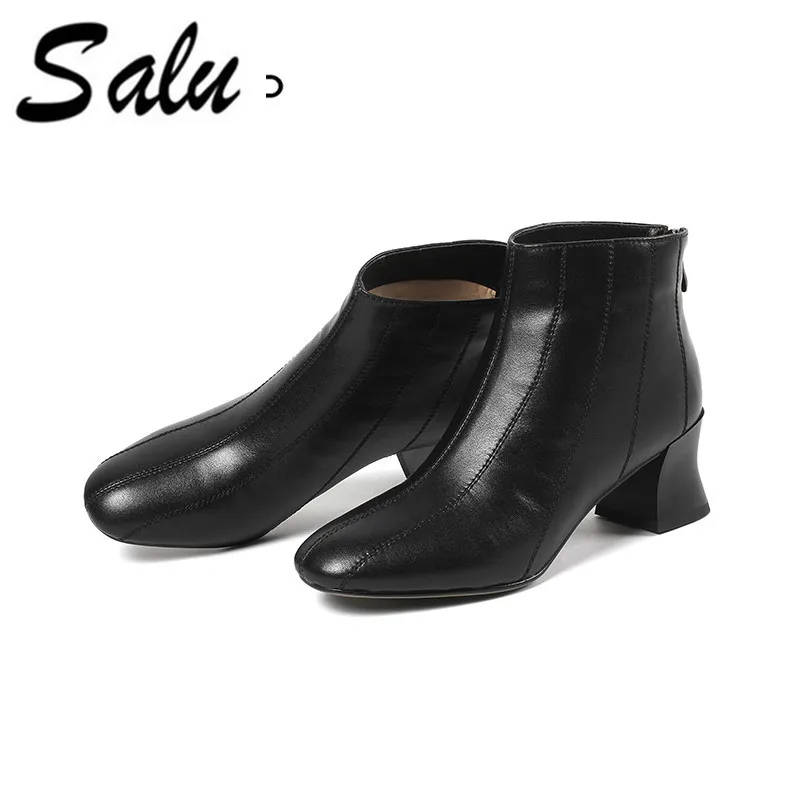 

Salu Genuine Leather Boots Square Heel square Toe Shoes Women Black Cow Leather Quality Ankle Boot Size 35-43