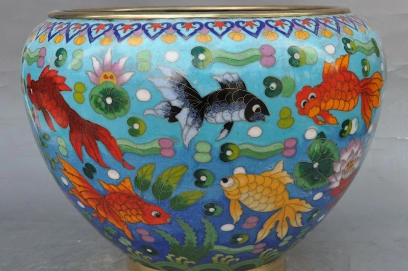 

10"china bronze cloisonne Goldfish fish statue Pot Tanks Crock auspicious statue