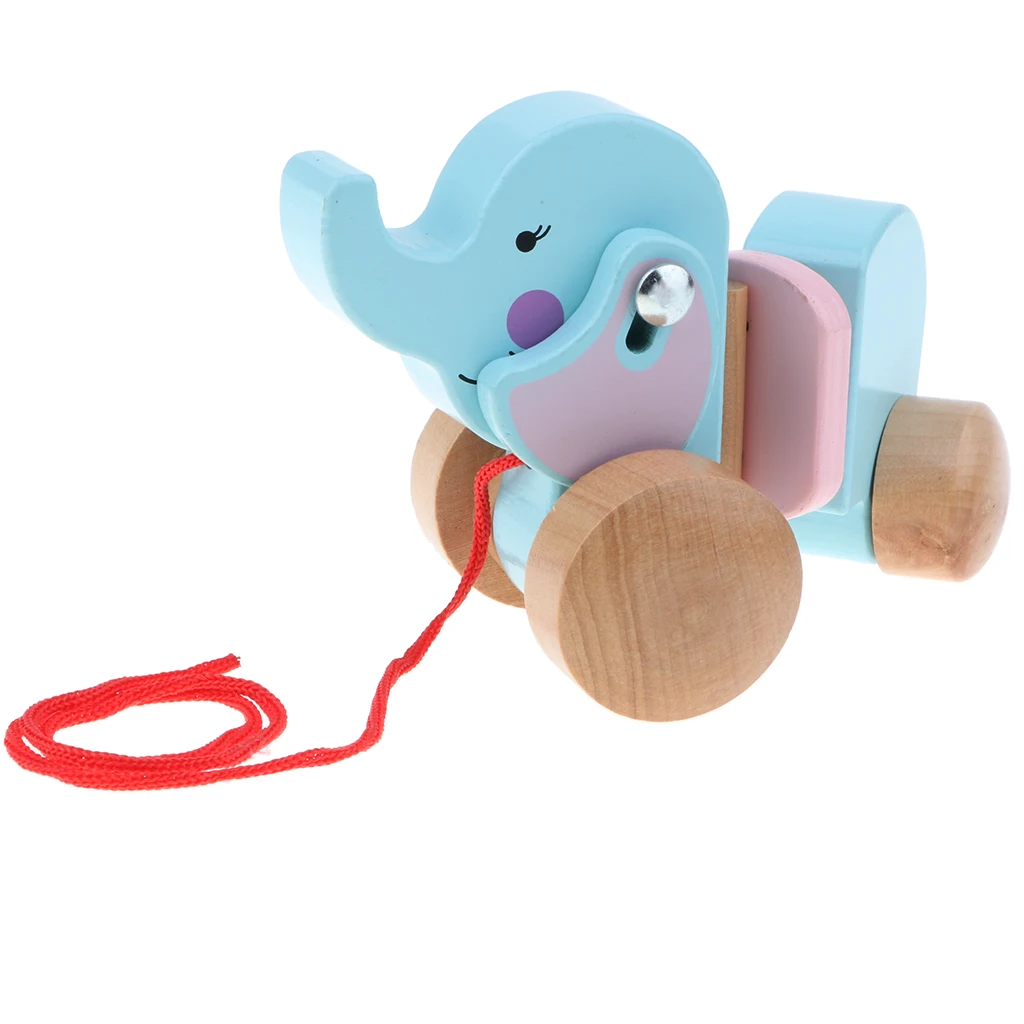 Cute Cartoon Elephant Pull Toy Wooden Walk ALong Pull Walking Toy For Baby Toddler Pull Along Toy for Kids