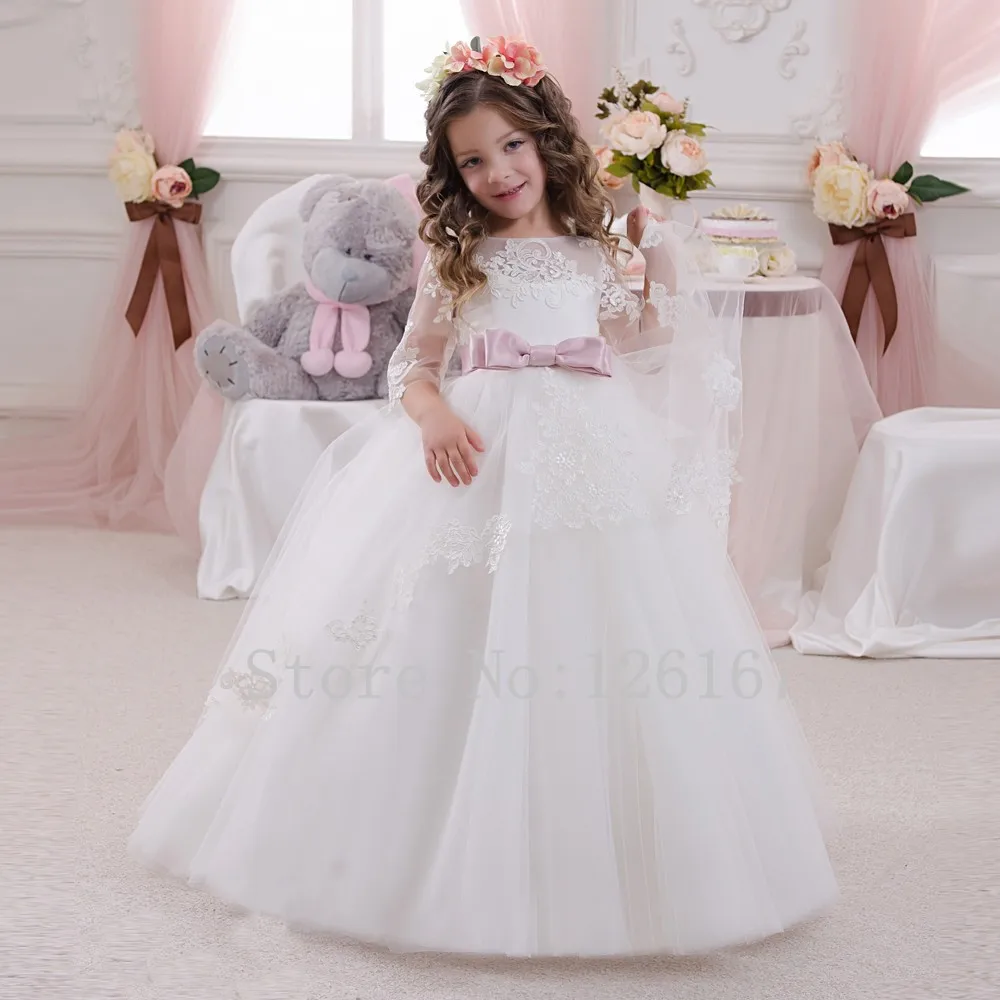 Cute Half Sleeves Ball Gown Flower Girls Dresses Appliqued Pageant 