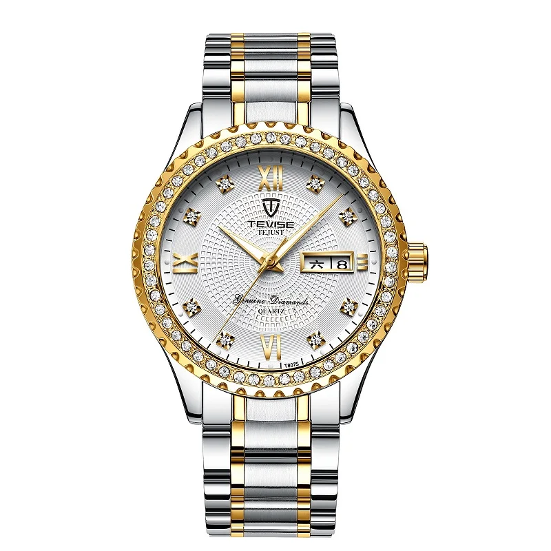 TEVISE T807S Quartz Watch Men Rhinestones Date Week Mens Watch Waterproof Luminous Business Casual horloges mannen drop shipping (8)