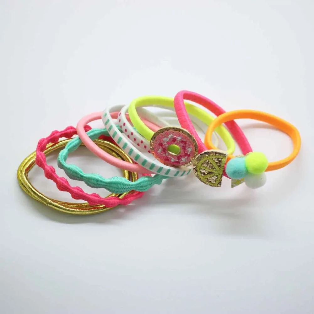 

9 pcs/set print different style elastic rubber bands embroidery food children ponytail holders girls hair tie hair accessories
