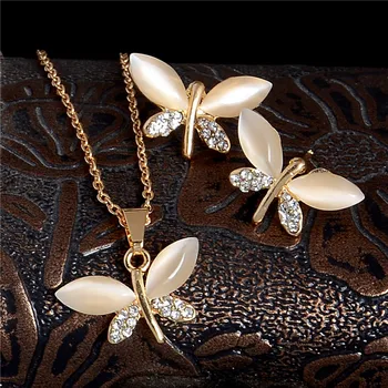 SHUANGR pierre naturelle opale papillon ensembles de bijoux pour les femmes or-couleur chaîne Champagne pendentif collier boucles d'oreilles bijoux femme