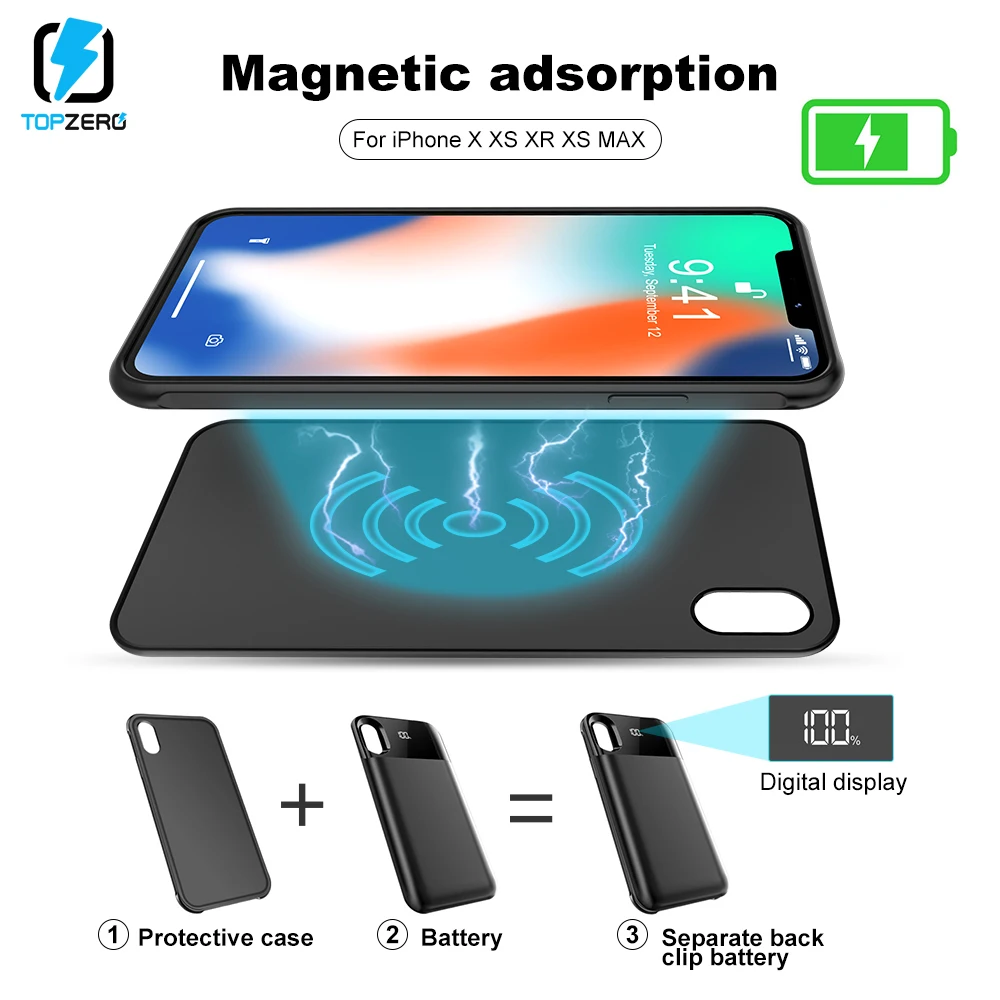 

TOPZERO LED Battery Charger Case For iPhone X XS XR XS MAX Portable Separable Magnetic Adsorption Power Bank For iPhone X XS MAX