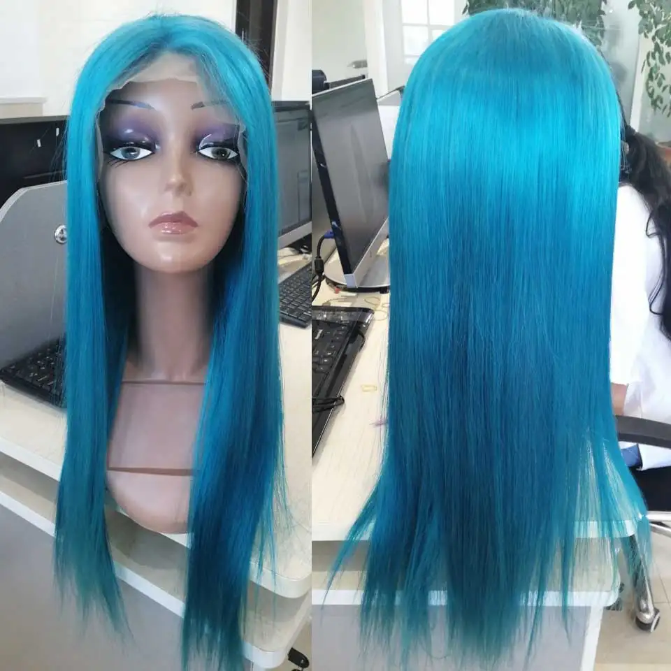 Cheap Customized 13*4 Lace Front Human Hair Wigs Blue Transparent Lace Front Wig Brazilian Straight Hair Wig For Black Women Non Remy 3 Cheap Customized 13*4 Lace Front Human Hair Wigs Blue Transparent Lace Front Wig Brazilian Straight Hair Wig For Black Women Non Remy 3