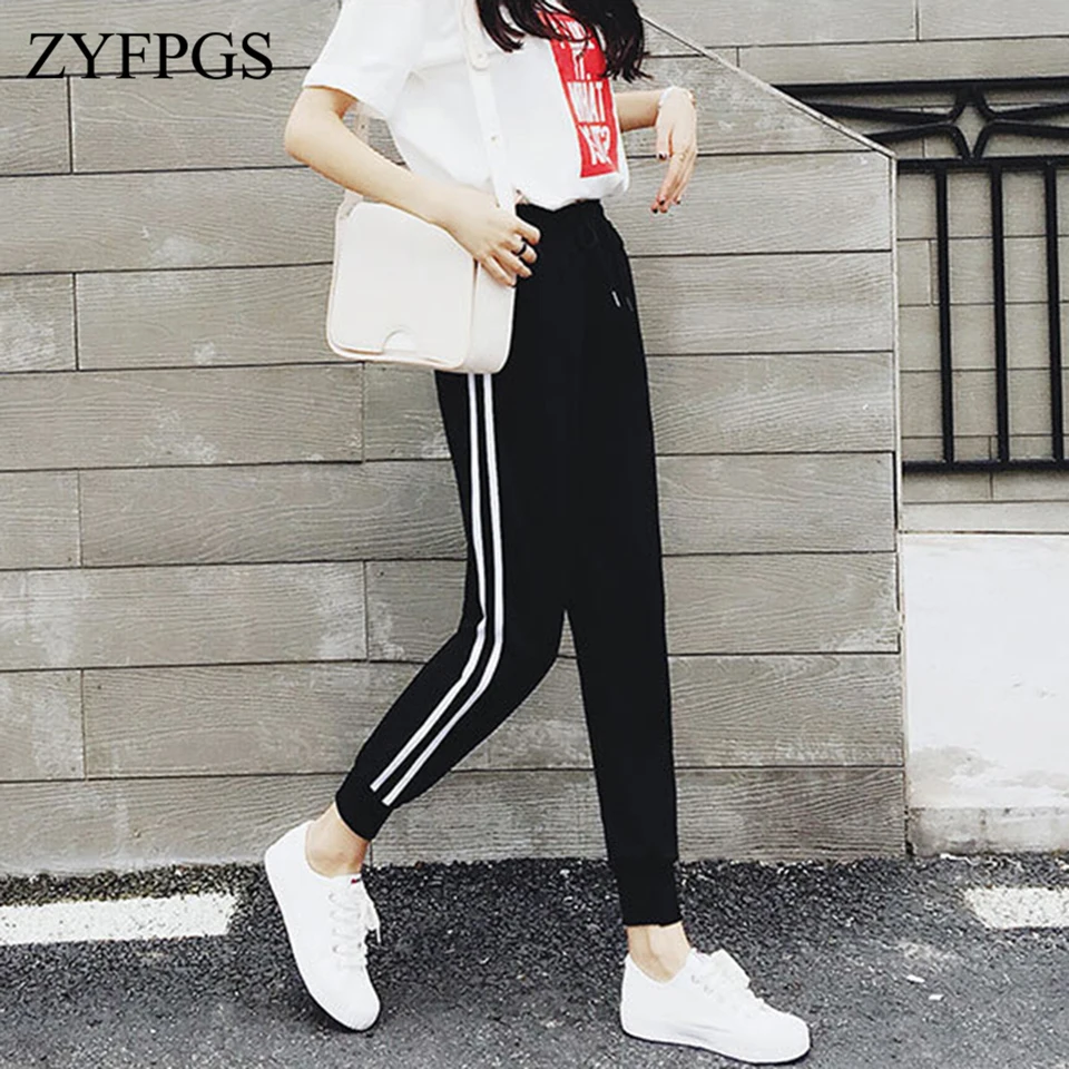 ZYFPGS 2019 Hot Women's Nine Points Casual Pants Double White Line Casual Women Pants Plus Size Loose Slim Pencil Pants Z0923 ZYFPGS 2019 Hot Women's Nine Points Casual Pants Double White Line Casual Women Pants Plus Size Loose Slim Pencil Pants Z0923
